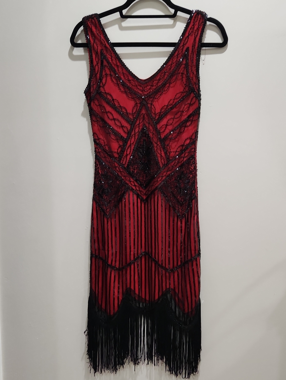 Vintage-Inspired Red Sequin Beaded Fringe  Gatsby Midi Dress Size XS